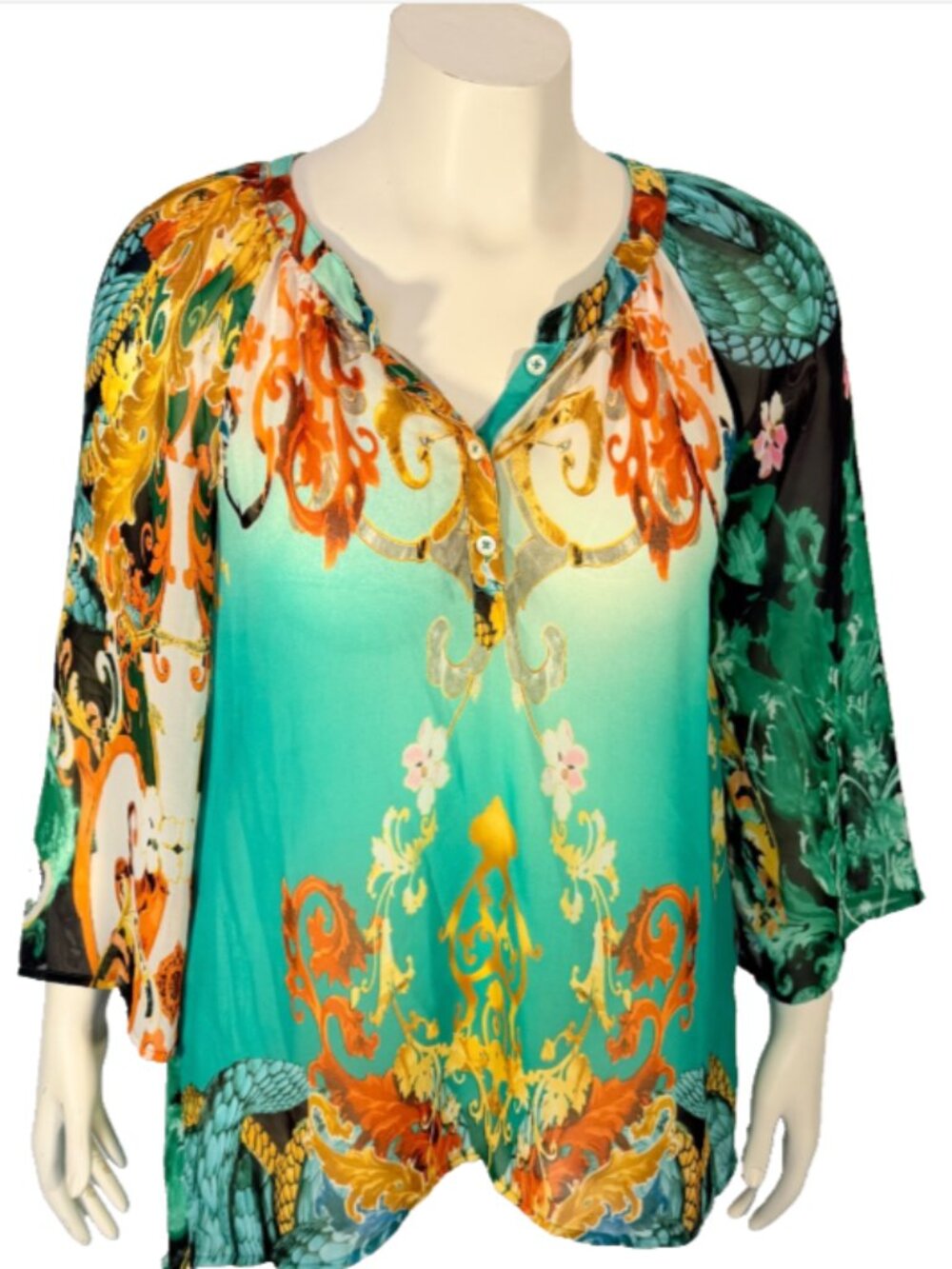 Bellisima Beach Coverup Blouse Women's L Green Chiffon Animal Damask Sublimation